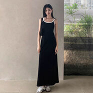 妙奕嘉黑色吊帶連衣裙女裙子女士夏季新款純欲海邊沙灘裙長(zhǎng)裙輕奢高級(jí)感 黑色白邊交叉吊帶連衣裙 L 【建議85-118斤】