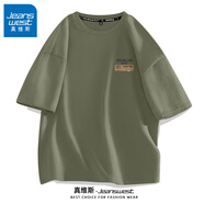 真維斯（JEANSWEST）短袖t恤男女款休閑純棉簡(jiǎn)約笑臉印花寬松大碼胖子可穿情侶打底衫 軍綠 牛皮標簽_K 4XL