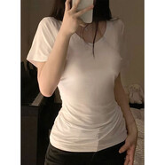 允橘白色短袖女t恤正肩新款夏季半袖洋氣V領(lǐng)上衣潮流顯瘦純欲風(fēng)辣妹 V領(lǐng)正肩簡(jiǎn)約短袖【白色】 M 建議80-105斤