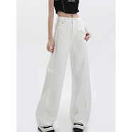 百絲白色簡約休閑闊腿牛仔褲女夏季2025新品高腰寬松垂感彎刀直筒褲 白色 L