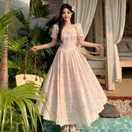 蓉月閣夏季新款學(xué)院風(fēng)碎花小飛袖連衣裙女學(xué)生中長(cháng)款收腰顯瘦初戀公主裙 粉紅色【長(cháng)款】 M 【關(guān)注店鋪配小禮物】