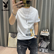 花花公子（PLAYBOY）男生短袖T恤休閑圓領(lǐng)半袖棉質(zhì)韓版潮流修身個(gè)性字母印花體恤 白色 XL