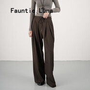 FAUNTIE LUNA休閑褲女顯長腿抽繩松緊腰倒V褶自然腰西褲直筒闊腿褲 棕 S