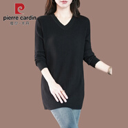 皮爾卡丹（pierre cardin）大碼中長毛衣女寬松V領(lǐng)新款直筒顯瘦純色上衣打底針織衫200斤可穿 黑色 3XL 加大版150-165斤