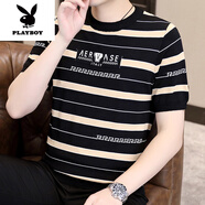 花花公子（PLAYBOY）冰絲t恤男士針織衫短袖2025新款冰感條紋半袖上衣夏季刺繡體恤衫 Y1050黑色 冰絲針織  L (105-125斤)