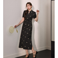 藍語(yǔ)大碼女裝復古立體繡花黑色連衣裙2025夏季掐腰巨顯瘦a字長(cháng)裙 黑色 現貨 2XL 【建議140-160斤】