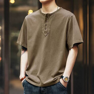 京濮飛美式復古大碼T恤300斤硬漢短袖寬松休閑亨利領(lǐng)Tshirt 摩卡棕 L 建議90-135斤