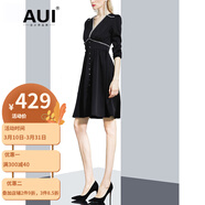 AUI 連衣裙女冬2021新品歐洲站設(shè)計感時尚女裝黑色女神范V領(lǐng)長袖裙子 黑色 S