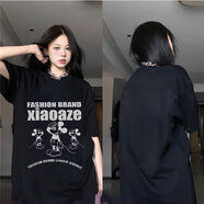 鮮冠100%純棉美式不起球200G重磅米奇印花短袖T恤女卡通寬松潮上衣服 240克-黑 S