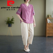 皮爾卡丹（pierre cardin）復(fù)古民族風(fēng)中老年媽m媽裝夏款棉麻寬松中袖V領(lǐng)上衣闊腿 玫紅色兩件裝今年流行的輕奢品牌 M 建議110斤以下
