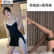 莫代爾品牌2025春秋款時(shí)尚夜店開(kāi)叉性感v領(lǐng)拼接蕾絲包臀無(wú)袖吊帶睡裙女 黑色有胸墊+黑網(wǎng)襪 S (建議80-90斤)