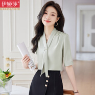 伊婭莎雪紡襯衫女夏季新款短袖職業(yè)面試套裝小個(gè)子洋氣中袖白襯衣工作服 淺綠色襯衫+黑色包臀裙 2XL 建議120-130斤