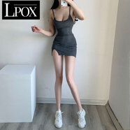 LPOXZZ骨ZZ 小眾性感低胸顯瘦基礎款開(kāi)叉修身包臀純色吊帶連衣裙 灰色[鹽系炸街] 均碼 80-125斤