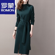 羅蒙（ROMON）針織連衣裙女2024春秋冬新款半高領(lǐng)長袖收腰顯瘦中長款毛衣裙子女 綠色 M