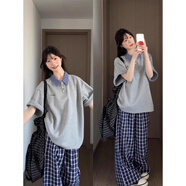辰衣純美式復古撞色格子拼接polo領(lǐng)短袖t恤女夏季韓系寬松顯瘦半袖上衣 灰色（純棉優(yōu)質(zhì)版） L