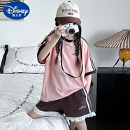 迪士尼（Disney）女童網(wǎng)紅夏裝兒童套裝女大童夏季運(yùn)動(dòng)服兒童短袖短褲初中生衣服潮 粉咖套裝 150 cm