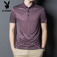 花花公子（PLAYBOY）品牌高檔短袖t恤男桑蠶絲條紋體恤中年寬松休閑夏季翻領(lǐng)Polo.衫 11296紫紅 桑蠶絲 M 165建議120斤以內(nèi)