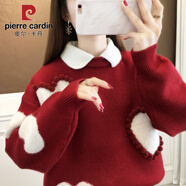 皮爾卡丹（pierre cardin）毛衣女秋冬季2025年新款娃娃領(lǐng)假兩件上衣冬裝加厚內搭新年潮 01有領(lǐng)紅色 XL 120-145斤