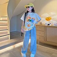 女童夏裝套裝2025新款女大童休閑兒童裝闊腿褲牛仔褲夏季短袖T恤 單件-小米愛(ài)心牛仔褲 170
