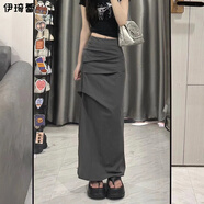 伊琦蕾（YIQILEI）歐美ins半身裙春夏季修身高腰顯瘦開(kāi)叉長(zhǎng)裙半裙辣妹中長(zhǎng)款工裝裙 灰色 L