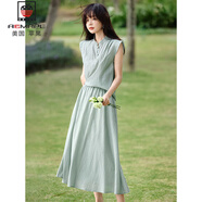 AEMAPE簡約休閑套裝女2025夏季新款百搭無袖小衫上衣顯瘦半身裙兩件套女 松石綠 L 建議105-115斤