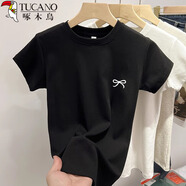 啄木鳥正肩黑色短袖t恤女夏季內(nèi)搭蝴蝶刺繡修身打底上衣體恤潮 黑色 2XL