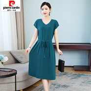 皮爾卡丹（pierre cardin）氣質(zhì)OL風收腰連衣裙中長款2021夏新款色媽媽裝系腰帶大擺A字裙 湖藍色 2XL 建議135-150斤