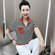 高檔斷碼女士秋季女裝洋氣條紋上衣2025新款半拉鏈T恤衫休閑時(shí)尚 3102#橘色短袖 XL （建議105-120斤）