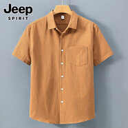 吉普（JEEP）夏季純色翻領(lǐng)短袖休閑襯衫男士寬松透氣襯衫純棉商務(wù)襯衣百搭T恤t 焦糖色 M