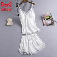 貓人（MiiOW）性感吊帶睡衣女兩件套裝帶胸墊夏季冰絲綢甜美蕾絲花邊家居服短褲 白色 2XL