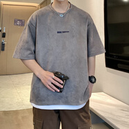 plory男裝牛油果綠g重磅T恤男美式復(fù)古麂皮絨短袖oversize小領(lǐng)口 灰色 M