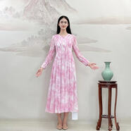 VOA浪漫花海長袖V領(lǐng)真絲喬其印花減齡氣質(zhì)優(yōu)雅桑蠶絲連衣裙AE2731 水彩-花瓣（E08） L