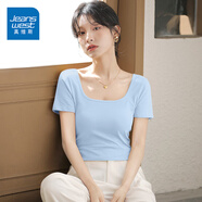 真維斯（JEANSWEST）方領(lǐng)t恤女短袖夏季2025新款純色修身大領(lǐng)口正肩短款低領(lǐng)緊身上衣 天藍 純色 XL