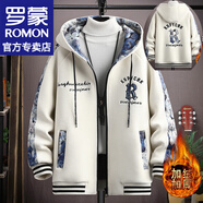 羅蒙（ROMON）國風刺繡加絨夾克男士秋冬季加厚棉衣連帽外套青少年羽休閑服男裝 2307米色 加絨 XL （約130-150斤可穿）