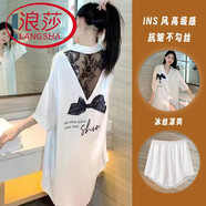 浪莎（LangSha）冰絲睡裙女夏季2025年新款網(wǎng)紅風(fēng)性感寬松大碼襯衫睡衣可外穿 1182黑蕾絲+短-褲 3XL 【160-180斤】
