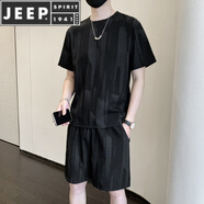 JEEP SPIRIT夏季2025新款提男士冰絲t恤套裝男兩件套運(yùn)動(dòng)休閑薄款透氣潮流 黑 短 袖+短褲 XL 130-145斤