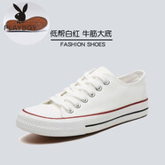花花公子（PLAYBOY PHYSICAL）帆布鞋男2025春夏季新款男女情侶休閑平板鞋百搭經(jīng)典布鞋牛筋底 低幫本白紅（牛筋底） 42  (男)