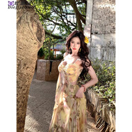 蝶嬌諾（DIEJIAONUO）連衣裙子女裝夏季2025年新款韓版碎花度假風(fēng)抹胸長(cháng)裙印花純欲風(fēng) 黃色碎花 XL