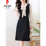 皮爾卡丹（pierre cardin）小香風(fēng)蝴蝶結領(lǐng)連衣裙女春秋2025新款洋氣減齡修身法式假兩件裙子 黑色 M