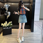 凱姿兔[KAIZITU]2025YmenG潮牌多巴胺襯衫短裙兩件套減齡神器 格子襯衣+牛仔裙有內襯 S