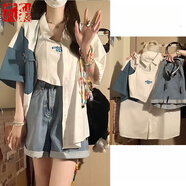 莜仙格女士夏季穿搭一整套女士2025新款韓版洋氣襯衫吊帶顯瘦牛仔短褲女 襯衫+吊帶+短褲 M 建議 95-105斤