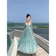 茯見沙灘度假連衣裙女2025新款度假裙海邊沙灘吊帶裙性感露背長(zhǎng)裙夏 湖水綠 L