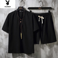 花花公子棉麻套裝男中國風(fēng)男士休閑運動(dòng)短袖短褲兩件套亞麻寬松 黑色套裝[高質(zhì)量] 5XL 1140-165斤