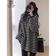 AEMAPE2025秋冬韓版寬松百搭慵懶風(fēng)軟糯中長(cháng)款黑白條紋毛衣女打底衫上衣 黑色 均碼 建議80-130斤