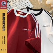 楠笙記青少年美式三條杠拼接短袖男夏季潮牌痞帥重磅小領(lǐng)口t恤寬松半袖 酒紅色 L