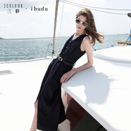 三彩2025夏季新款無(wú)袖V領(lǐng)連衣裙A字裙仿牛仔開(kāi)叉長(cháng)裙女