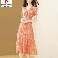 皮爾卡丹（pierre cardin）法式優(yōu)雅短袖印花連衣裙夏季淑女氣質收腰遮肚顯瘦荷葉裙子女過膝 桔色 S 【建議80-95斤】