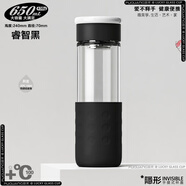 富光玻璃杯透明單層加厚茶杯帶過(guò)濾網(wǎng)戶(hù)外便攜硅膠提手耐熱水杯子 大容量的--睿智黑 650ml