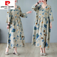 皮爾卡丹（pierre cardin）官方高檔棉麻連衣裙女2024夏新款碎花春裝長裙寬松中年大i碼遮肚 廣州十三行品牌旗艦9139灰藍(lán)九分袖 XL 125-150斤