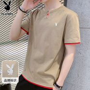 花花公子（PLAYBOY）短袖T恤男夏季男士假兩件圓領(lǐng)休閑打底衫純色寬松男裝 卡其 4XL 